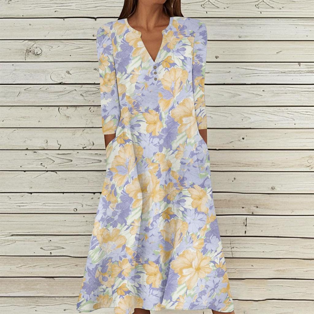 Women's Summer Casual V-Neck Button Vintage Floral Print Three-quarter Sleeve Long Dress With Pockets