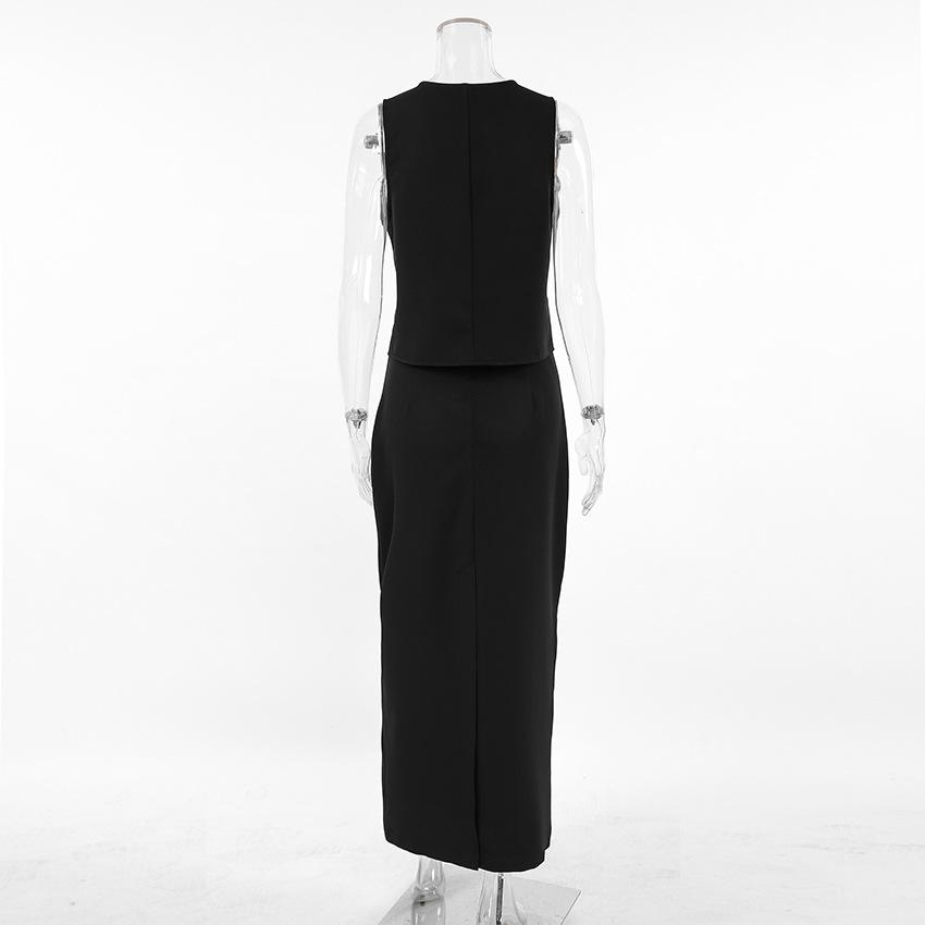 Temperament black mysterious V-neck sleeveless vest long split skirt set summer sexy casual commuter women's clothing