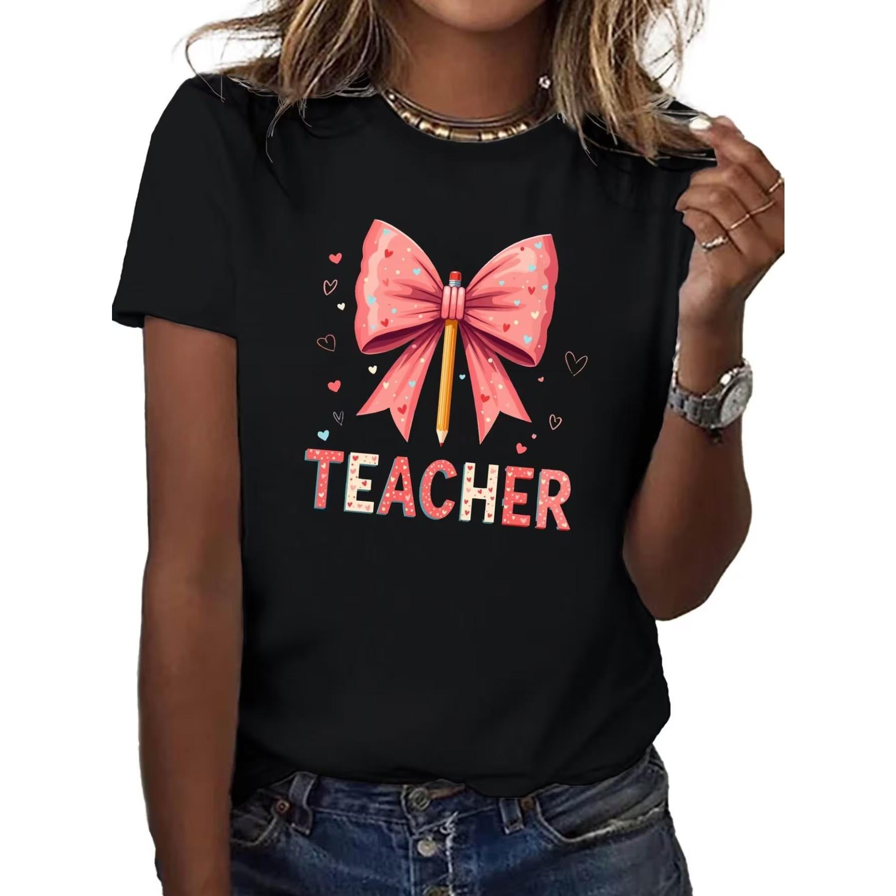 

Women S Pure T-Shirt with A Teediy Pink Bow and TEACHER Text, Designed for Comfort XXL