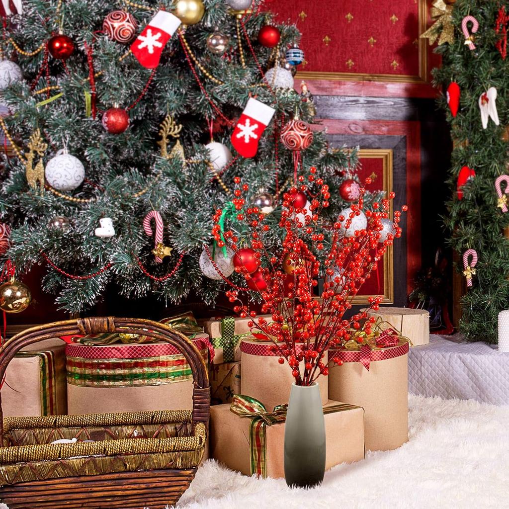 WILLBOND Artificial Red Berry Stems 21.6 Inch Christmas Red Berries Holly Berry Branches for Christmas Tree New Year Decor DIY Craft (8, Simple