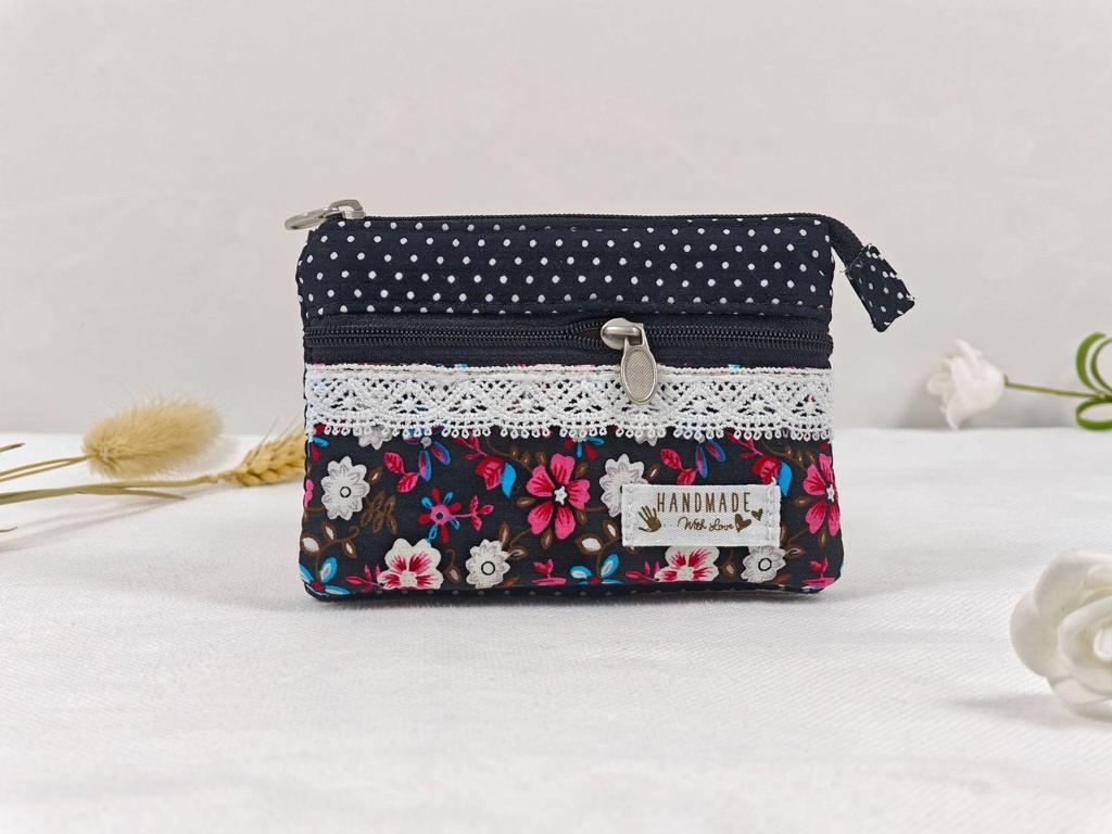 Handmade Countryside Fabric Double Zipper Coin Purse & Key Holder for Women