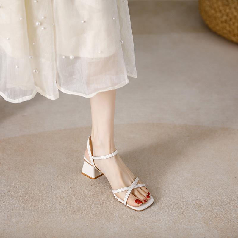 Fashion 2025 cross band high heels sandals women thick heel summer shoes solid color ankle strap gladiator sandalias de tacón