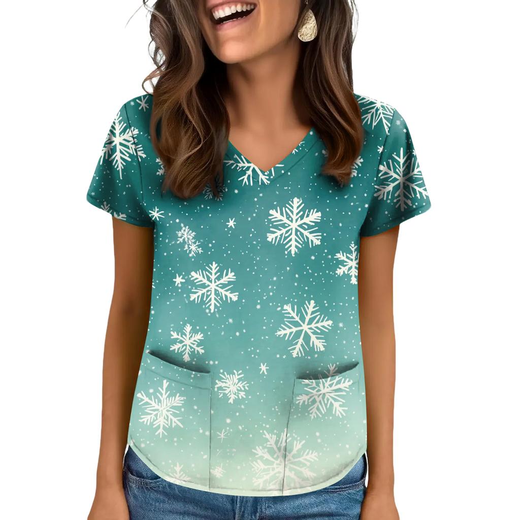 Women's V-neck Christmas Print Short-sleeved Pocket Side Slit Uniform Top