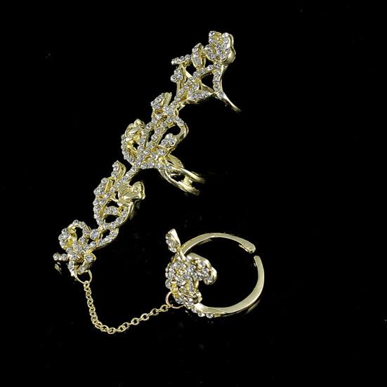 Shining Decorative Double Finger Rings Full Rhinestone Rose Flower Chain Link Rings Jewelry Gift