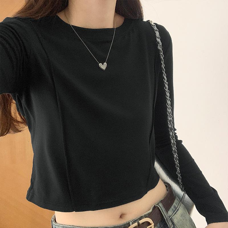 

Three-dimensional Fishbone Long-sleeved T-shirt for Women In Autumn New Solid Color Slim Fit High-waisted Short Bottoming Shirt Top XL