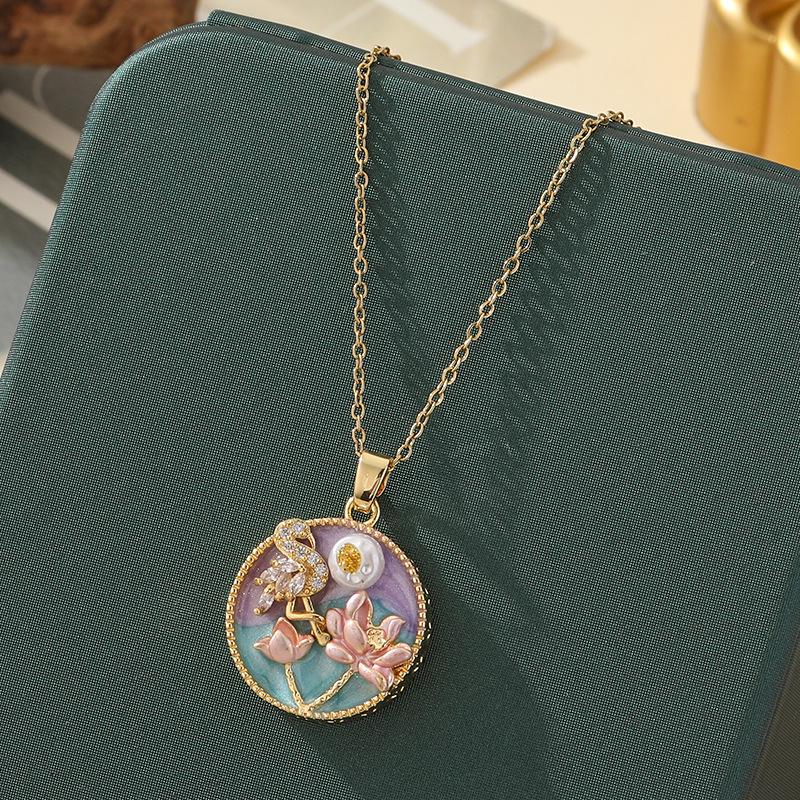 Monet-Inspired Flower Pendant Necklace, Hand-Painted, High-End Stainless Steel Clavicle Chain, New Chinese Style