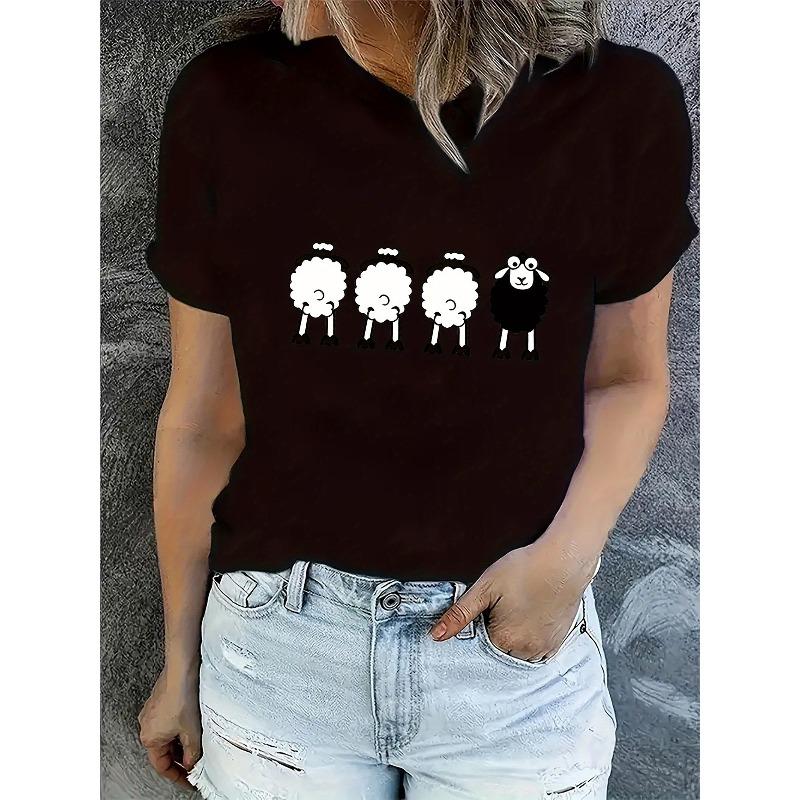 

Creative Minimalist Sheep Pattern Women Casual Sports T Shirt Round Neck Short Sleeve Comfortable Summer Top S чёрный