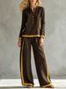 Women Contrast Trim Tracksuit Set Henley Neck Long Sleeve Top Wide Leg Pants Two Piece Outfit