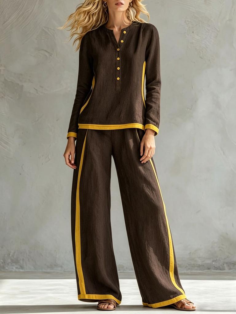 Women Contrast Trim Tracksuit Set Henley Neck Long Sleeve Top Wide Leg Pants Two Piece Outfit