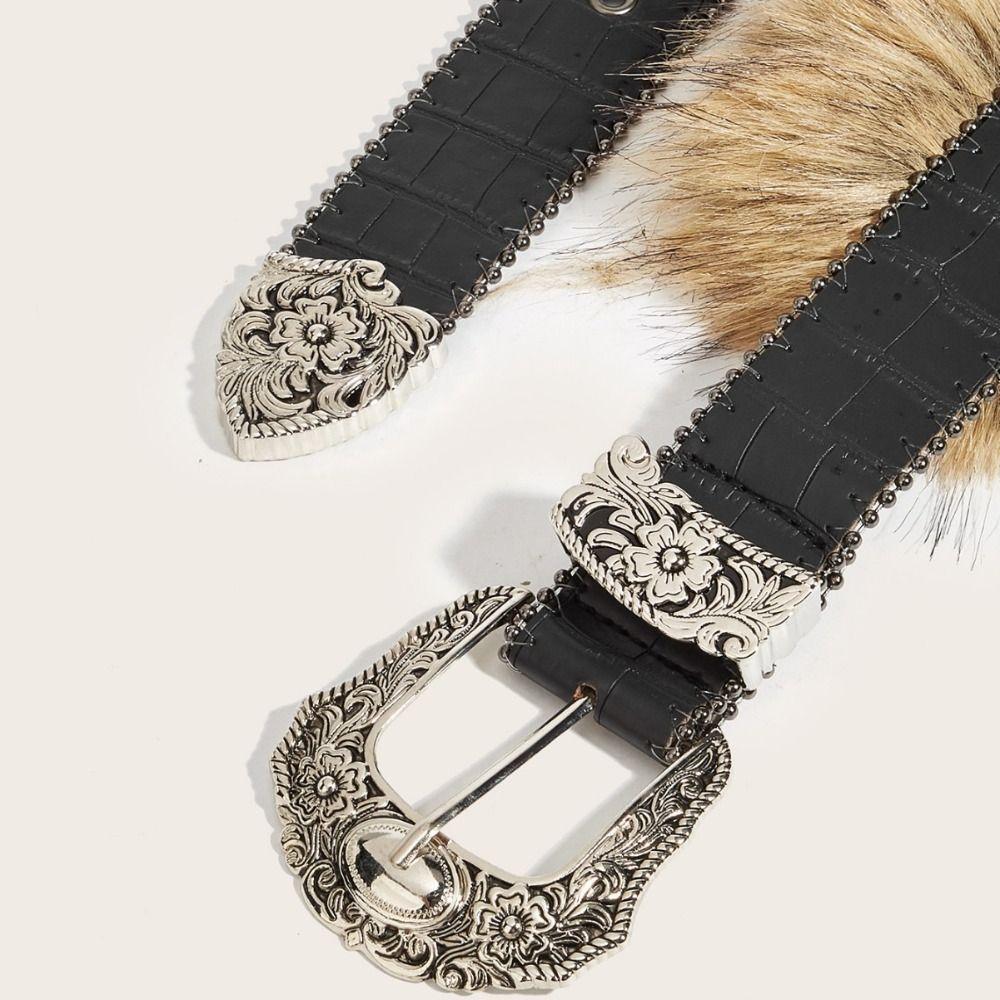 Wide Punk Style Belt Rivet Y2K Waistband Vintage Leather Fur Belt Pants Accessories
