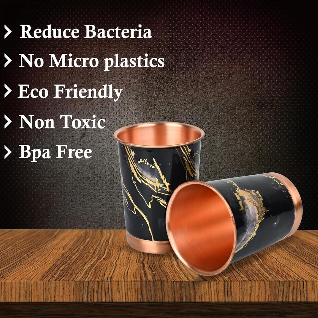 Glass with Rust Proof Protection for Home and Office Use Ayurveda and Yoga Health Benefits Glass Set of 6 (Black Marble)