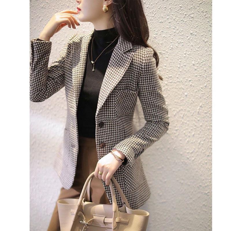 Spring Swing Houndstooth Wool Small Suit Jacket for Women Mid-length Japanese Style Slim Temperament Suit Top