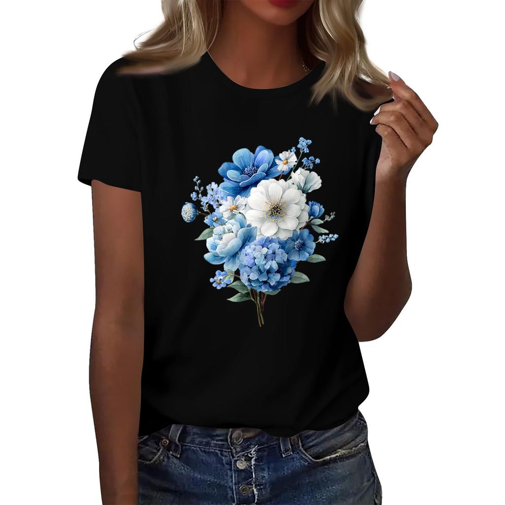 Women's Fashion Casual Printed Round Neck Short Sleeved T-Shirt Top T-Shirt Top Top