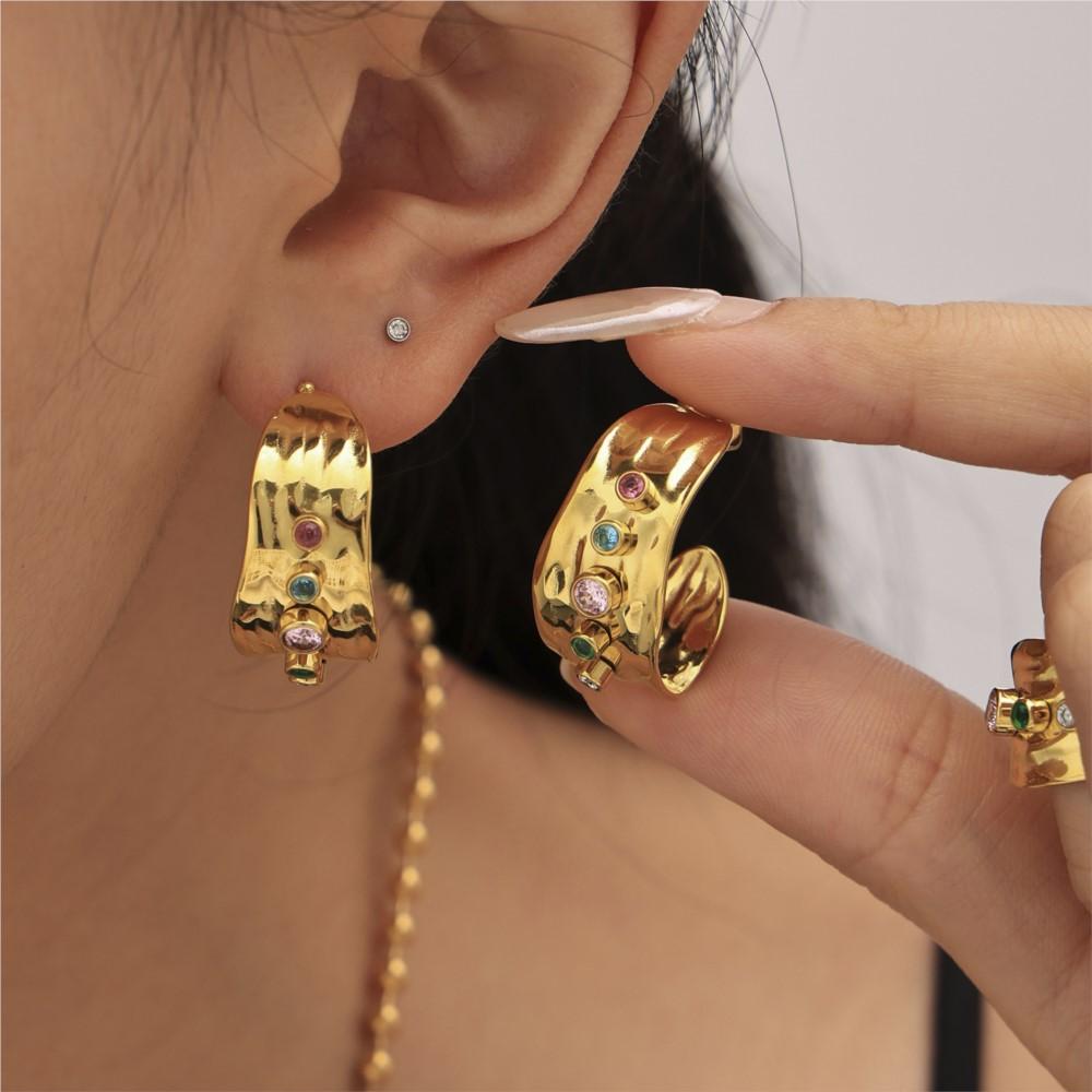 Multi Color Zircon Ring And Same Style Earrings In Stainless Steel 18k Gold Plated Wide Rings C Shape Stud Earring For Women