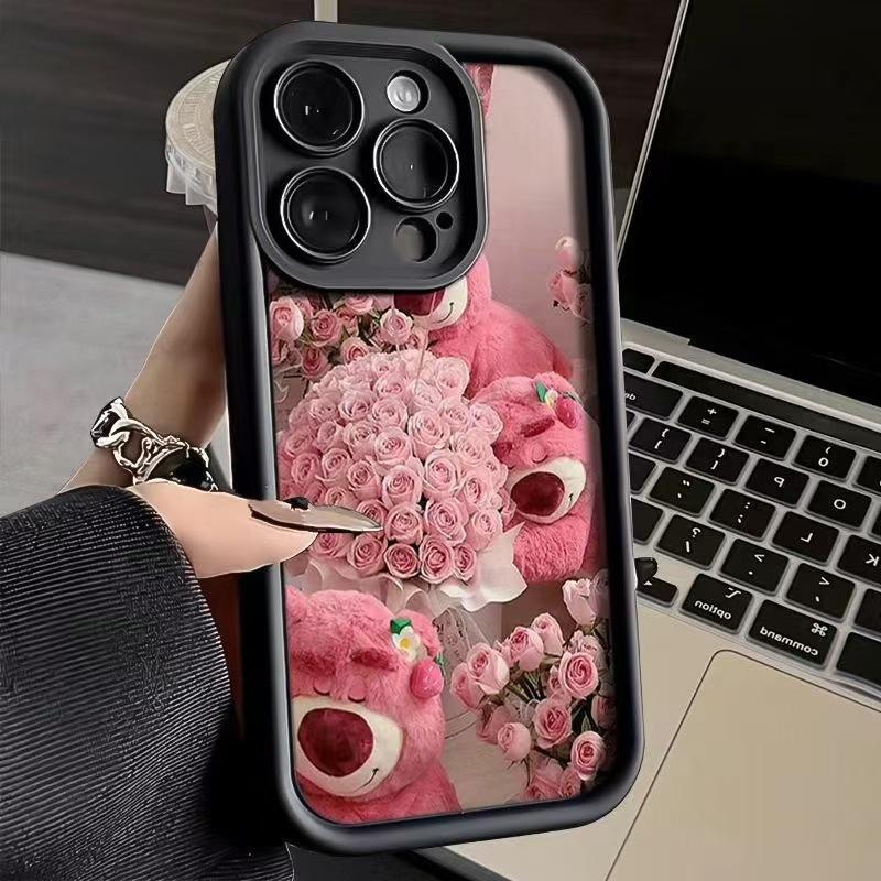 Pink Rose Strawberry Bear for Apple 15Promax Phone Case iPhone16Pro Cute 14 Flowers 17Pro