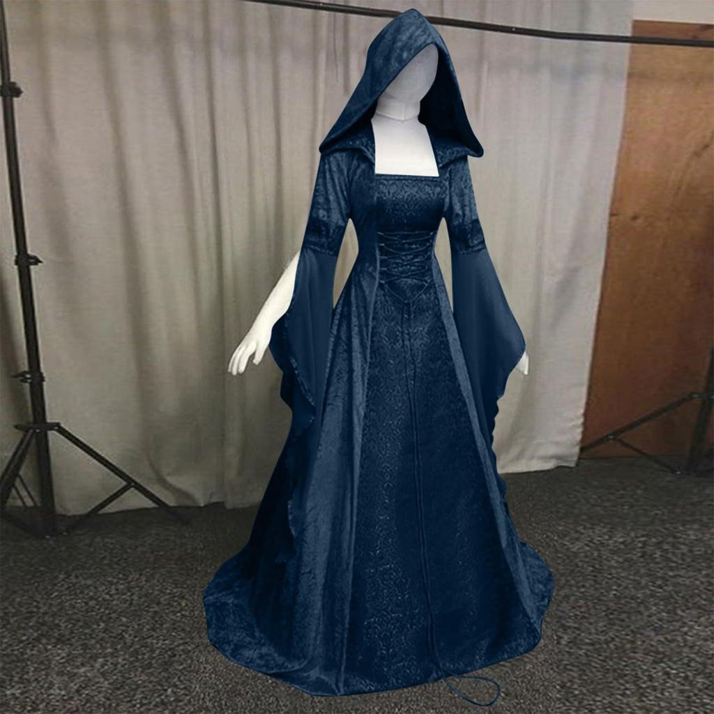 Corsetto con Cappuccio Medievale Rinascimentale Abito da Sposa Costume Cosplay da Donna Halloween Gioco di Ruolo Lunga Vestaglia