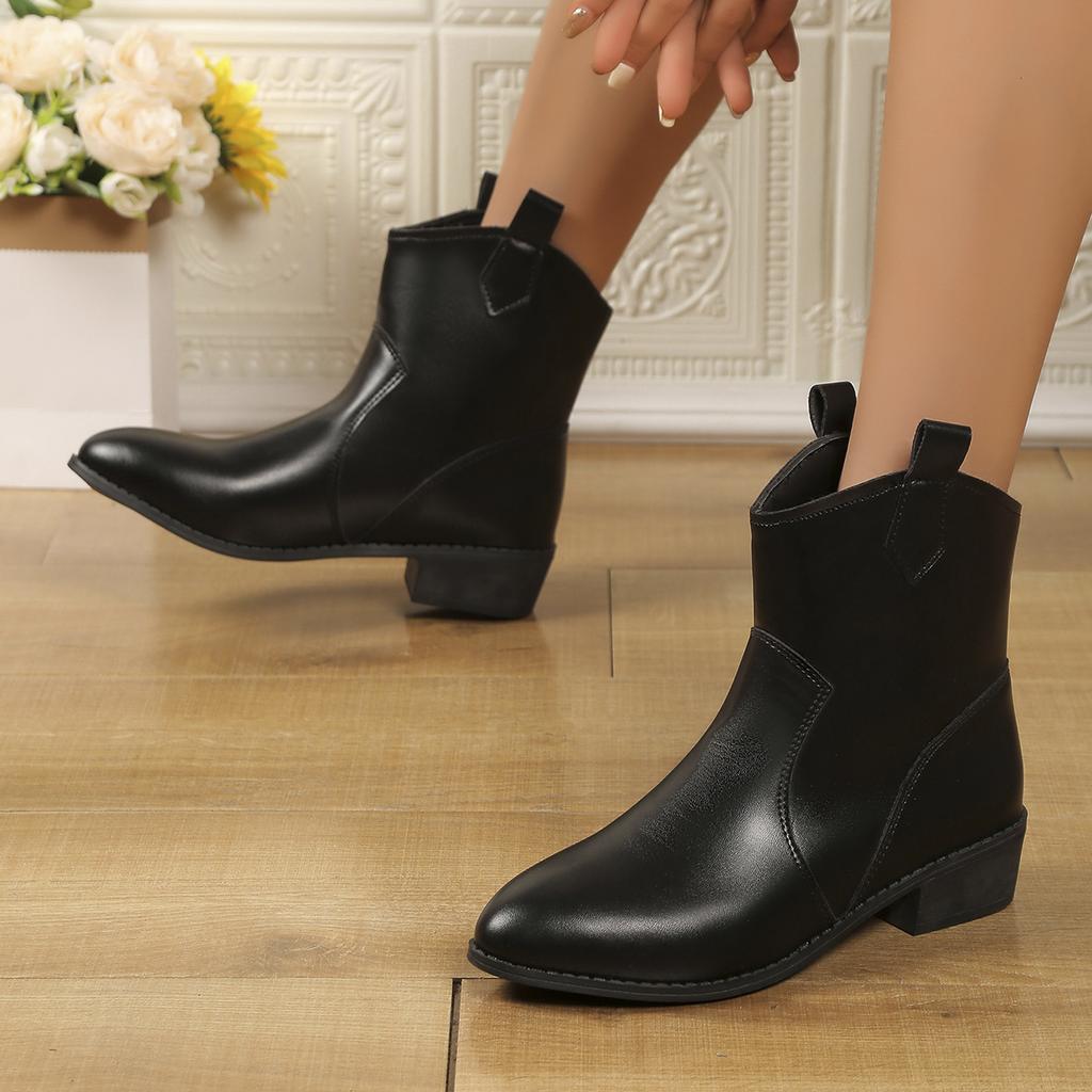 Nya Dam Stövletter Läder Höst Vinter Designer Korta Stövlar Tjocka Klackar Spetsig Tå Vardagsskor Kvinna Kontorsdam Svart
