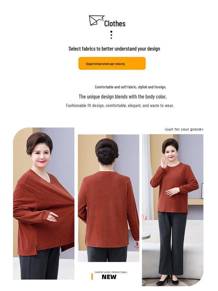 Fat Mama Wear Plus Velvet Long Sleeve T-Shirt Set for Middle-Aged and Elderly Women - Autumn/Winter Plus Size Base Layer