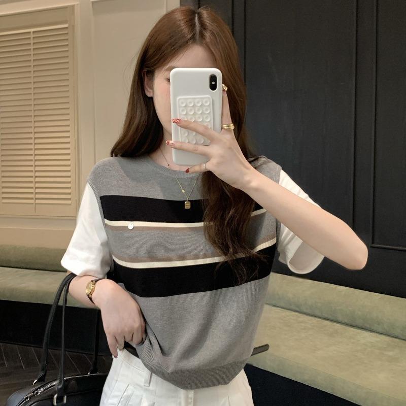 Women's Korean-Style Fashion Universal Fit Slim-Fit Top Fake Two-Piece Short-Sleeve Patchwork Solid Color Striped Knitted Sweater