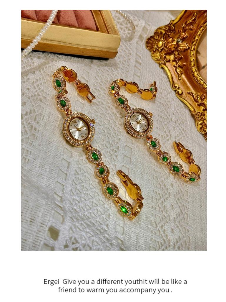 LSVTR Women's Vintage Trendy Oval Red and Green Gemstone Rainbow Light Luxury Watch