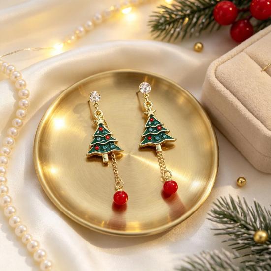 Cute Xmas Theme Earrings 1 Pair Christmas Tree for Women, Colorful Rhinestone Shaped Gold Tone Enamel with Red Bead Charm, Winter Holiday Jewelry