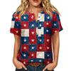 Women’s Casual Henley Button Neck Short Sleeve Cotton Linen Shirt with Chest Pocket and Independence Day Inspired Print Top