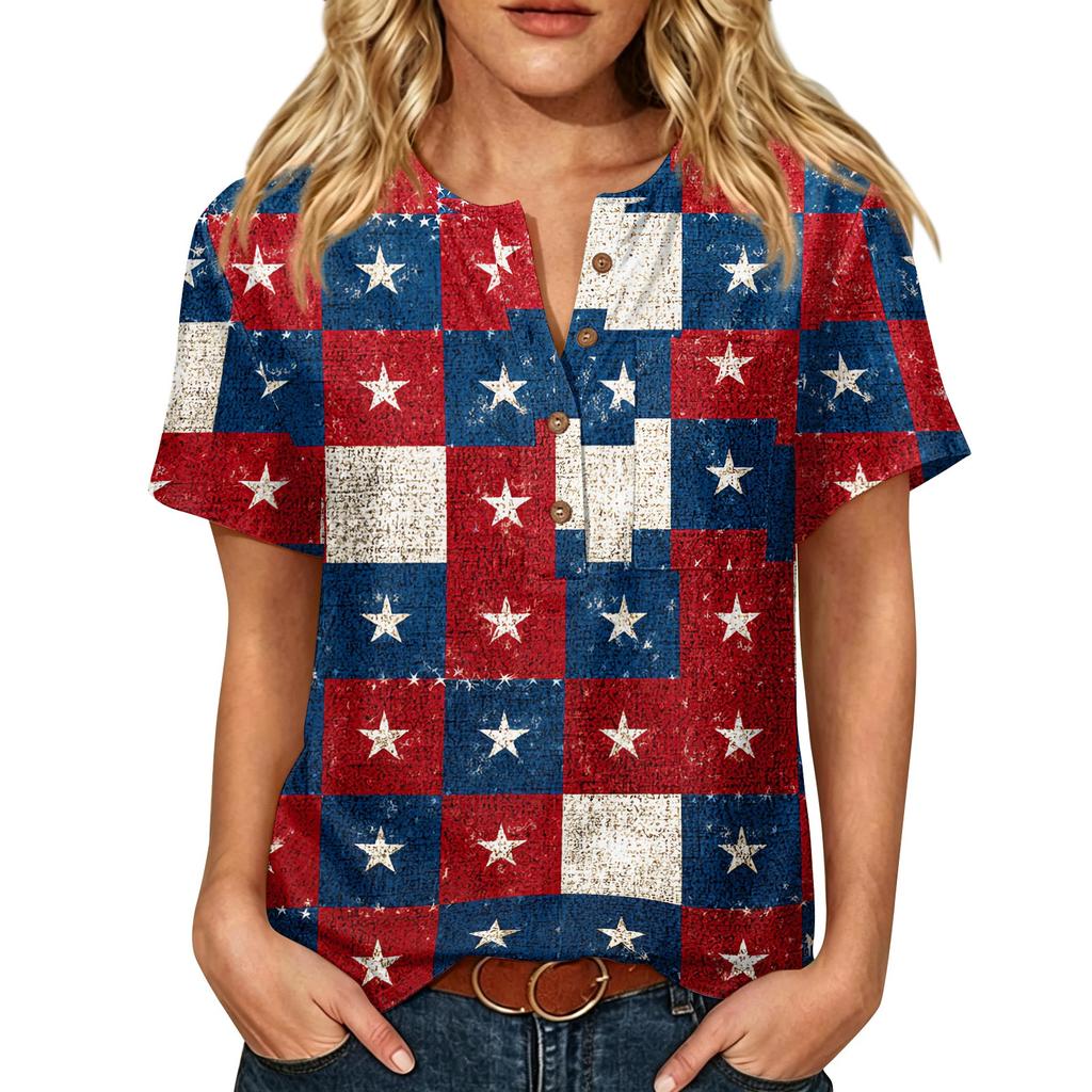 Women’s Casual Henley Button Neck Short Sleeve Cotton Linen Shirt with Chest Pocket and Independence Day Inspired Print Top