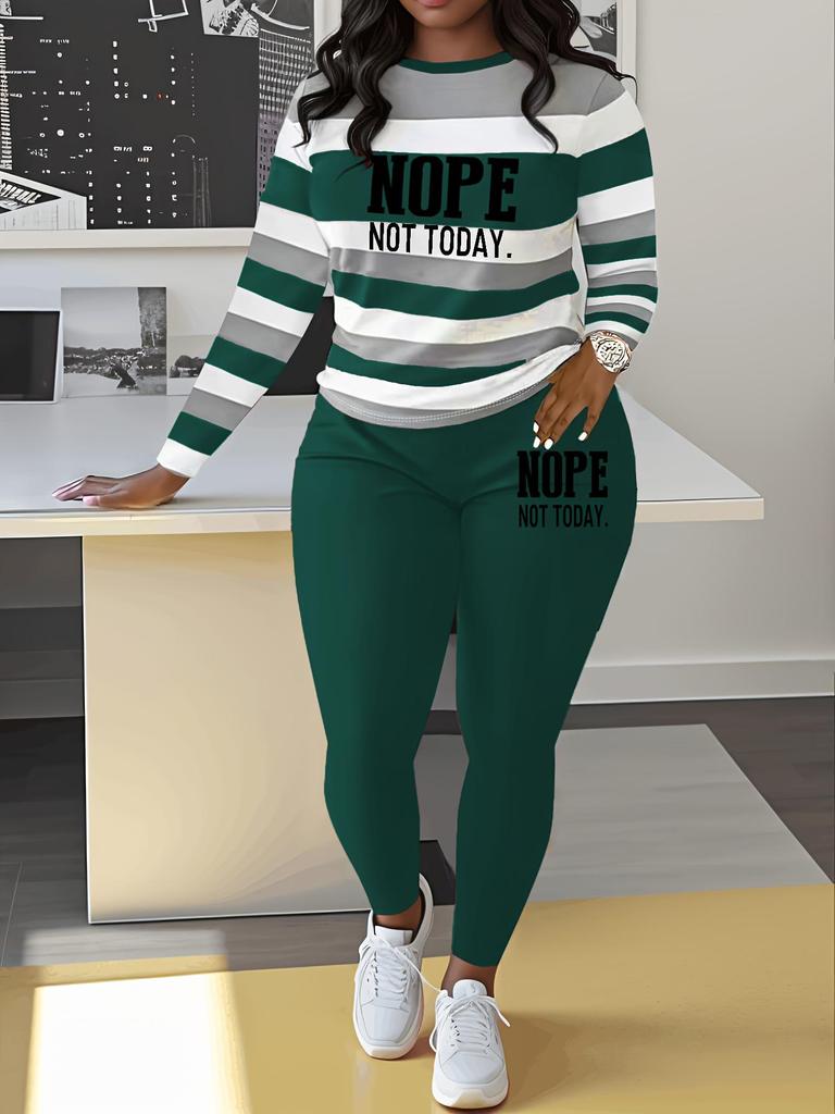 Women's Two-Piece Letter Print Striped Set: Casual Long-Sleeve T-Shirt & Sweatpants/Leggings
