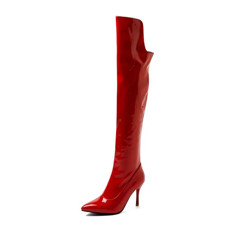 Fashion Super high heel heel women's boots patent leather bright leather shoes winter high leg over knee boots steel tube dancing shoes