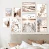 Beige Landscape Sunset Bridge Poster Seaside Canvas Print Painting Reed Flower Bird Wall Art Nordic Living Room Decoration Mural