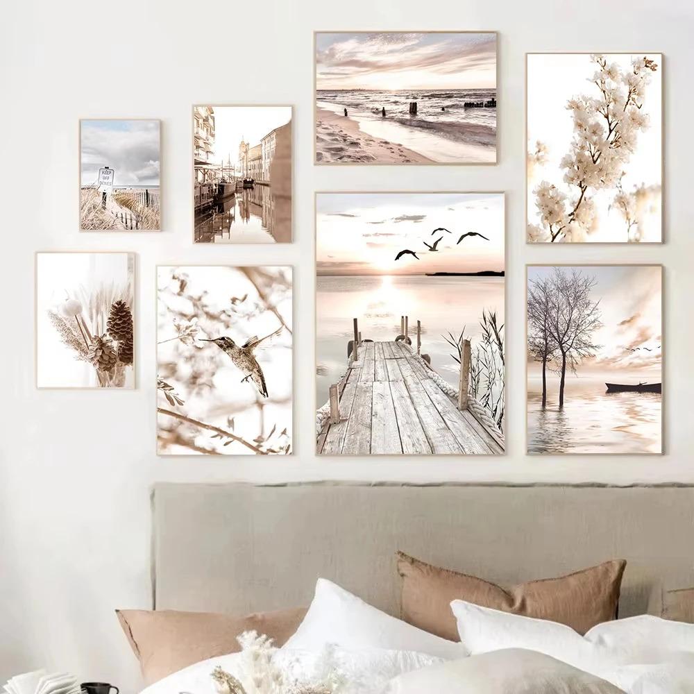 Beige Landscape Sunset Bridge Poster Seaside Canvas Print Painting Reed Flower Bird Wall Art Nordic Living Room Decoration Mural