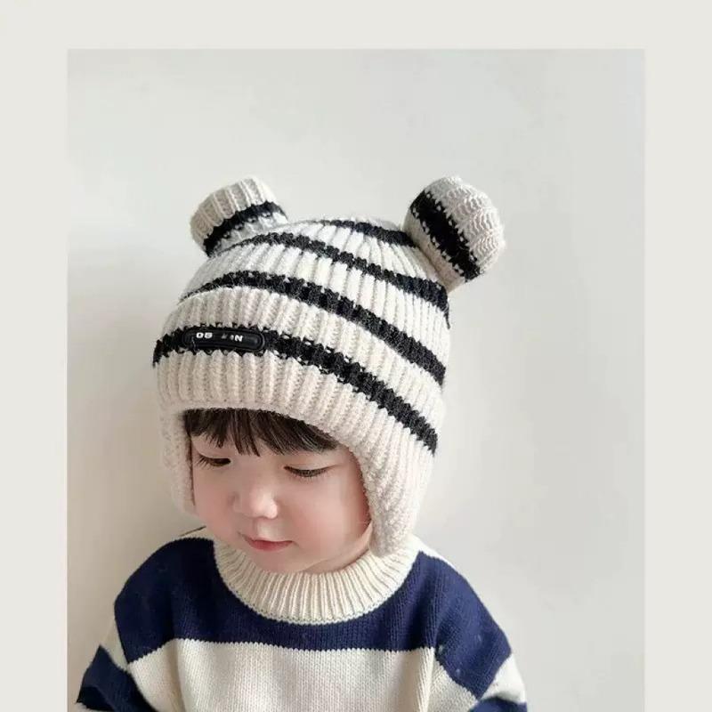 Baby hat autumn and winter striped ear hat cartoon children's warm fleece baby pullover knitted wool hat