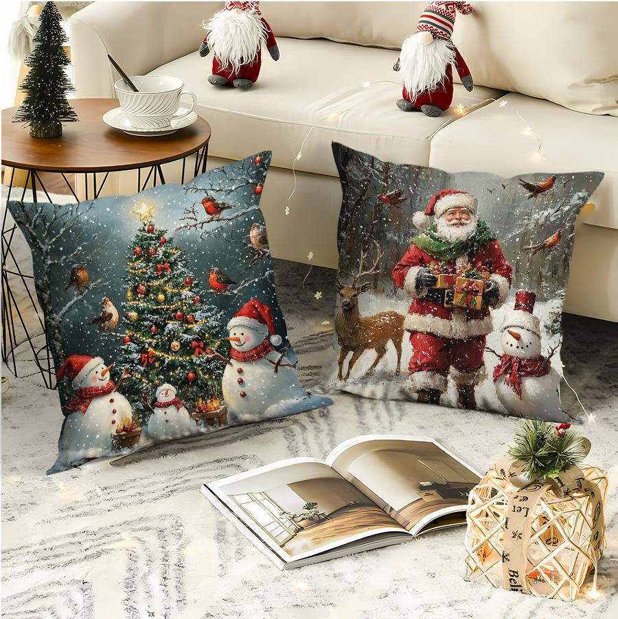 Christmas Theme Sofa Pillow Cover Snowman Print Cushion Cover Polyester Pillow Cover Car Cushion Cover