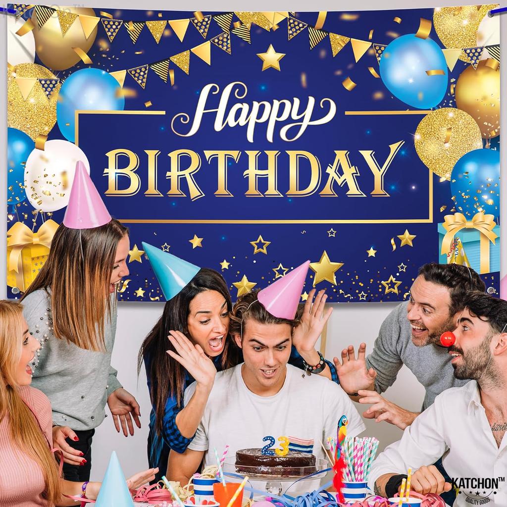 KatchOn, XtraLarge Gold and Blue Happy Birthday Banner - 72x44 Inch | Blue and Gold Birthday Backdrop for Happy Birthday Decorations | Party