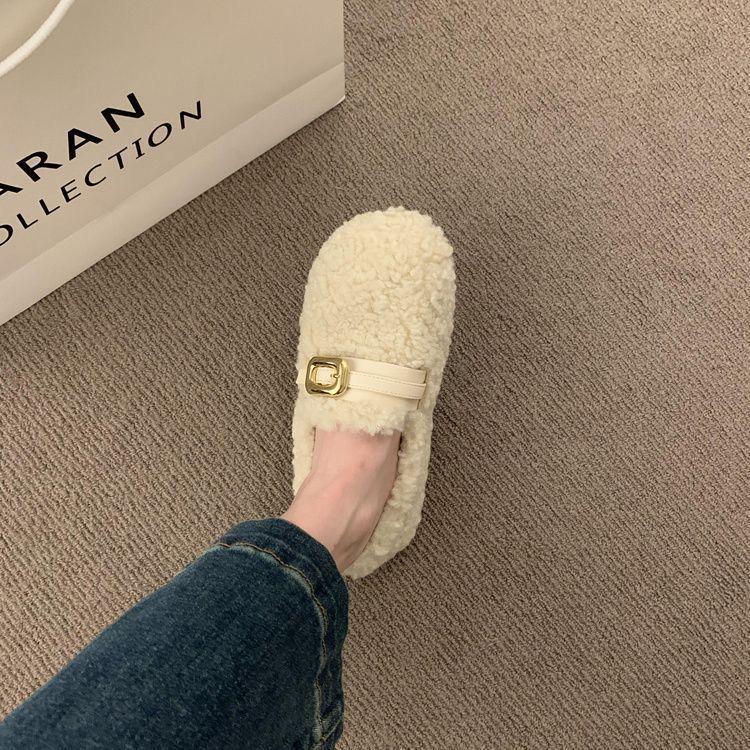 2025 Korean Style Women's Fuzzy Slip-on Lambswool Loafers: Warm Fleece-lined Cotton Bean Shoes