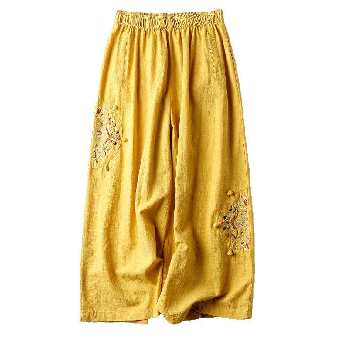 Women's Summer Thin Retro Ethnic Style Cotton and Linen Casual Pants Embroidered Comfortable Wide-legged Pants Nine Pants