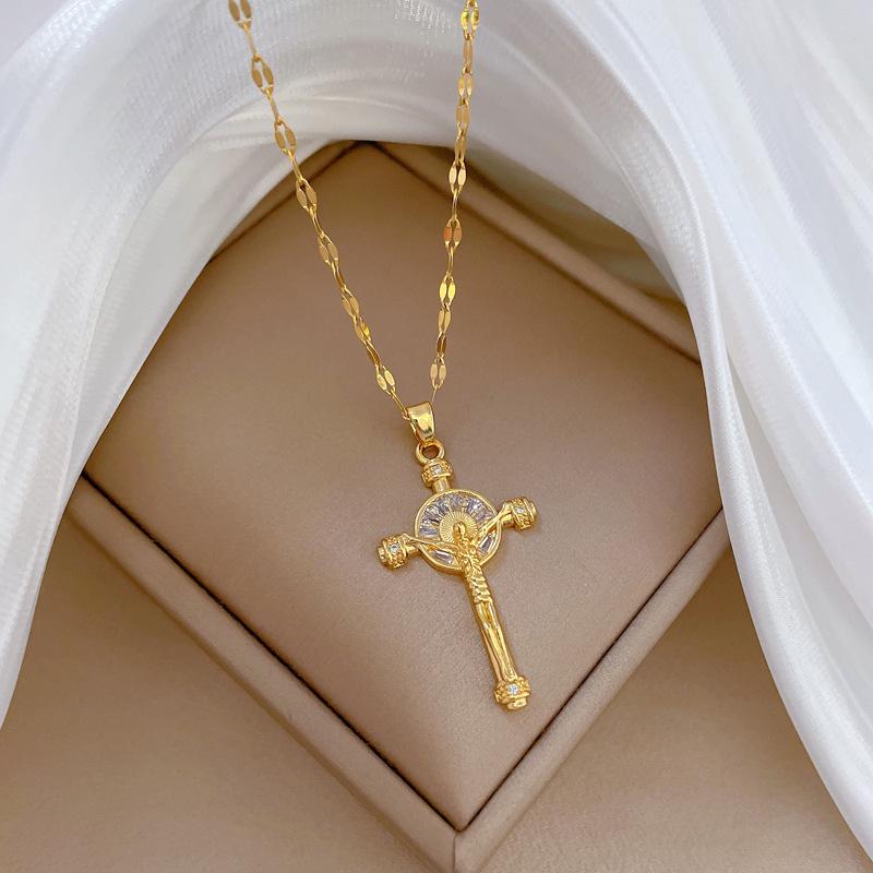 Titanium Steel Portrait Cross Light Luxury Temperament Gorgeous Full Diamond Necklace Female Versatile Collarbone Chain Titanium Steel Chain