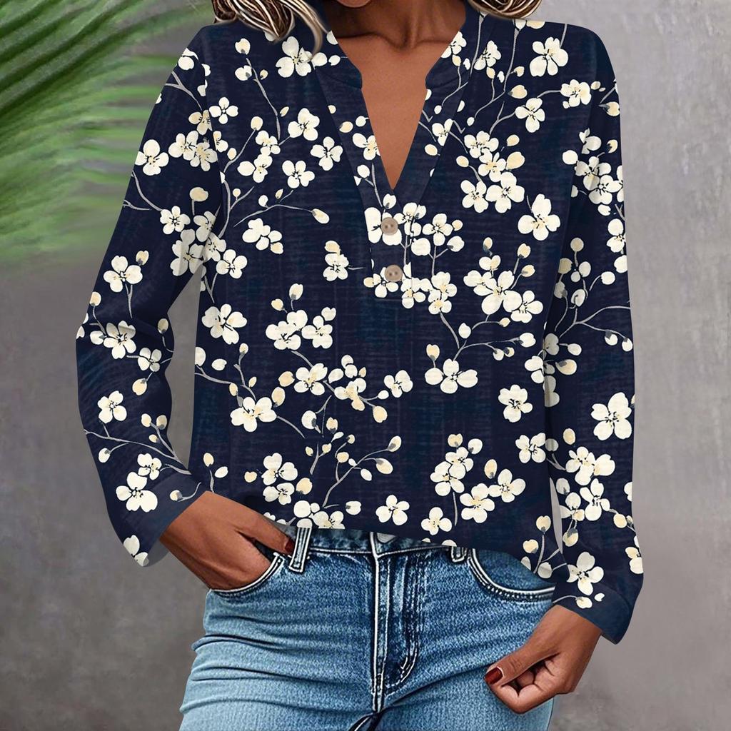 Women's Fashionable And Casual Shirt Long Sleeve V-neck Button Printed Blouse Top