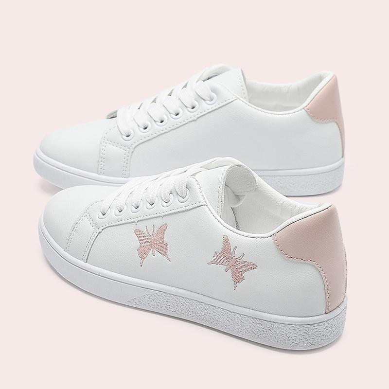 

Butterfly Embroidered Women Casual Shoes White Sneakers for Woman Spring Lace-up Platform Vulcanize Shoes 41 рожевий