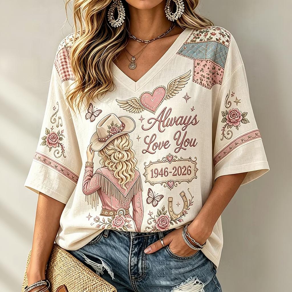 Women's V-Neck Three-Quarter Sleeve Printed Blouse Casual Top for Everyday Wear