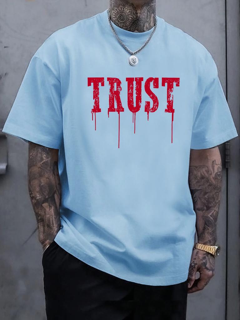 Men's Black "TRUST" Graphic T-Shirt - Casual Sporty Style, Short Sleeve Crew Neck, Distressed Red Print, Lightweight  Blend