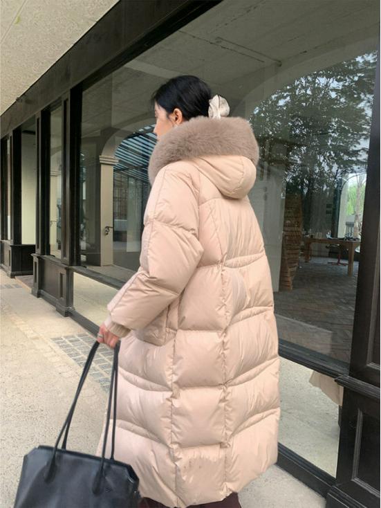 Longue Doudoune à Capuche pour Femme avec Fourrure de Renard Véritable, 90% Duvet de Canard Blanc, Longueur au-Dessus du Genou, Épaisse et Chaude