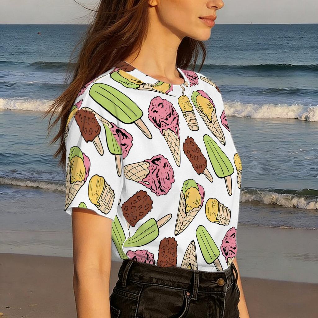 Simple and Personalized Ice Cream Printed Short Sleeved Round Neck T-shirt for Women's Summer Casual Versatile Daily Top