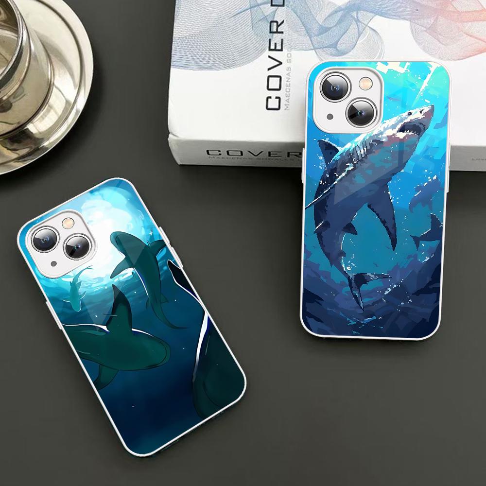 Fashion Trend Animal Sharks Phone Case Tempered Glass For Iphone 14 13 12 11 Pro Mini XS MAX 14Plus X XS XR Fundas