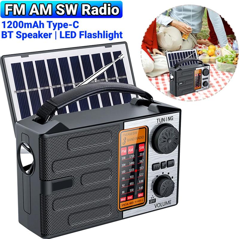 Full Band AM/FM/SW Radio Solar Radio Handle Radio with LED Flashlight and Bluetooth Speaker for Outdoor Camping and Emergency