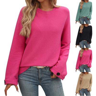 Women's Fashion Solid Color Round Neck Button Long Sleeve Sweater Top