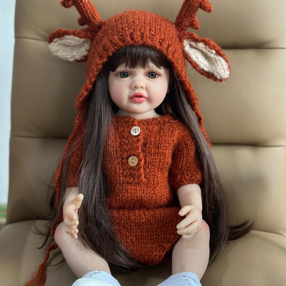 BZDOLL Lifelike 55 CM 22 Inch Reborn Baby Girl Full Vinyl Body Doll Toy Brown Long Hair Realistic Princess Toddler Bebe