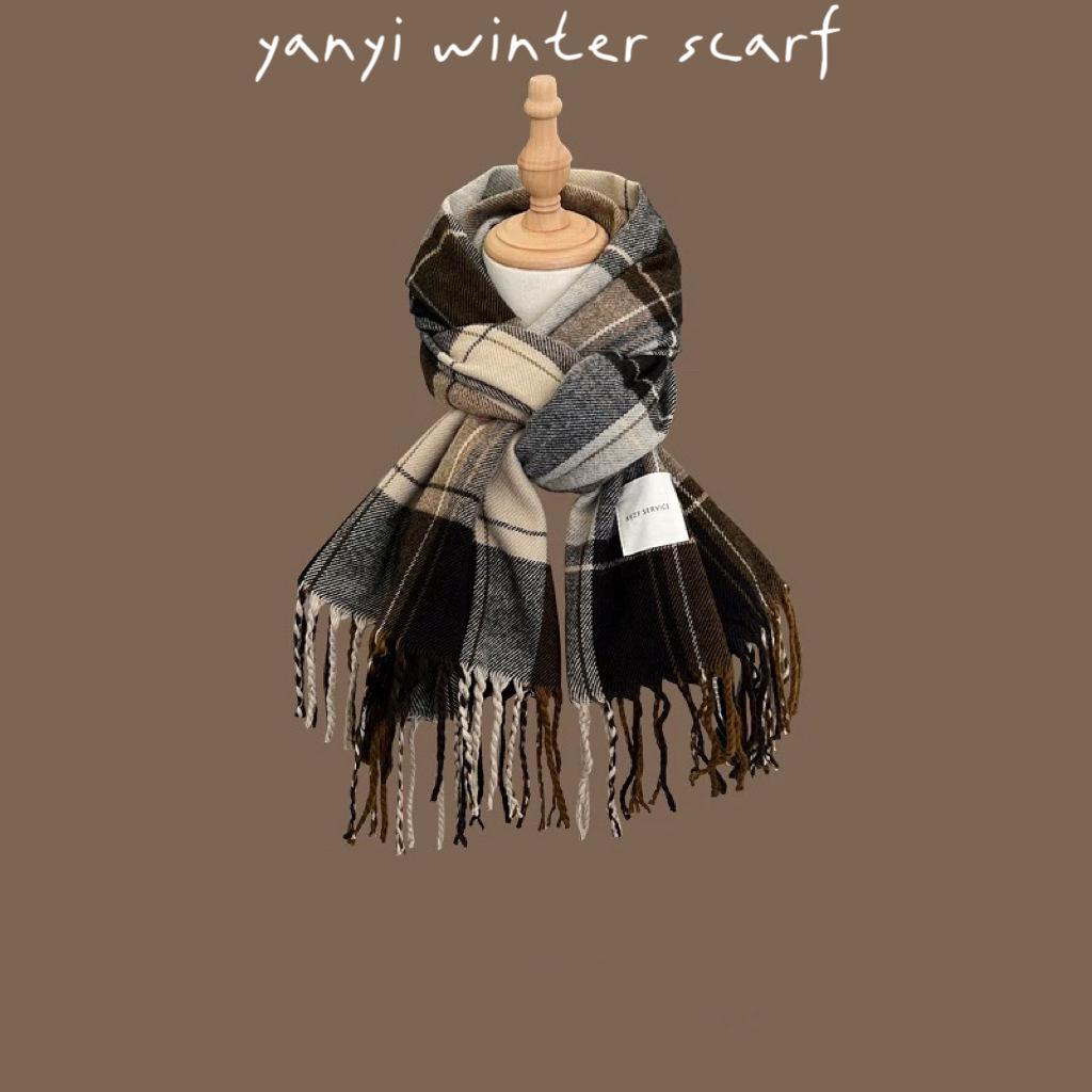 Women's Autumn & Winter Plaid Scarf: Thick Imitation Cashmere Shawl, Solid Color Neck Warmer for Students