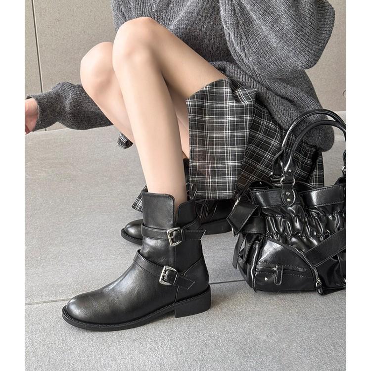 French retro pointed versatile side zipper short boots 2025 autumn and winter belt buckle versatile thin thick-soled locomotive boots