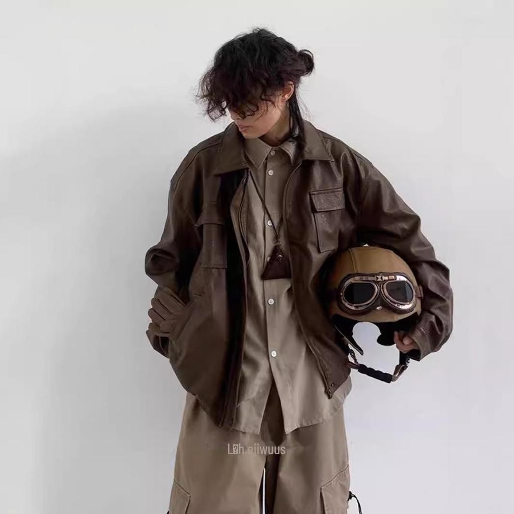 "Spring & Autumn Japanese Retro PU Motorcycle Leather Jacket for Boys & Girls - Classic Brown, Loose Fit, Unisex Casual Coat."